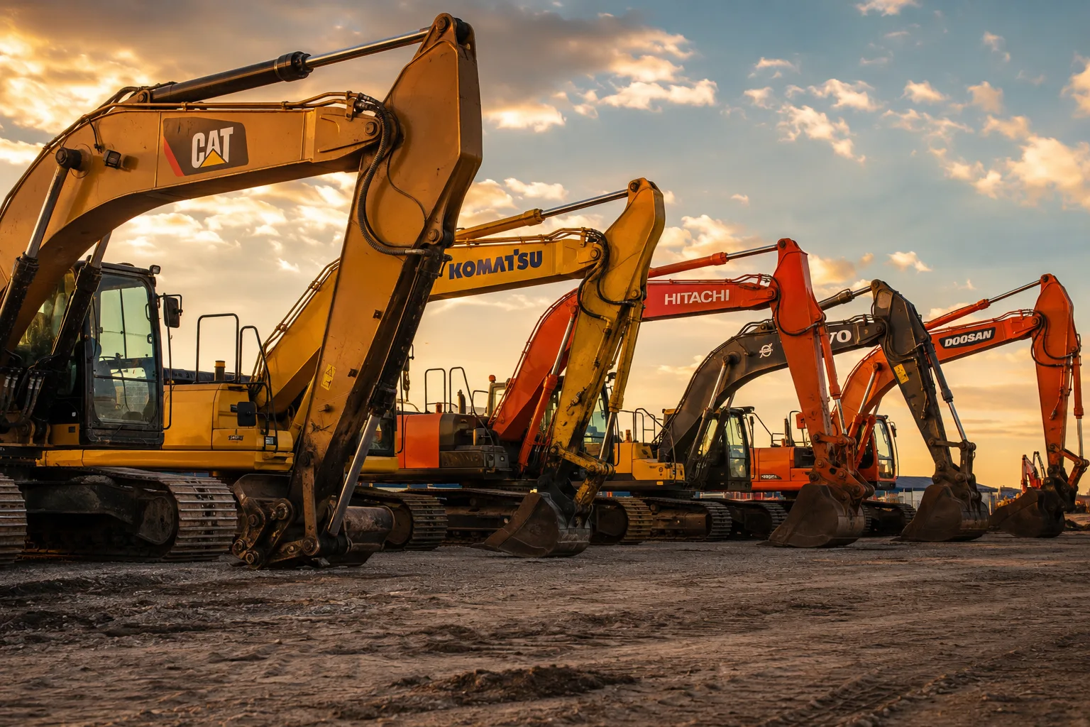 A lineup of CAT, Komatsu, Hitachi, Volvo, and Doosan excavators parked side by side at golden hour