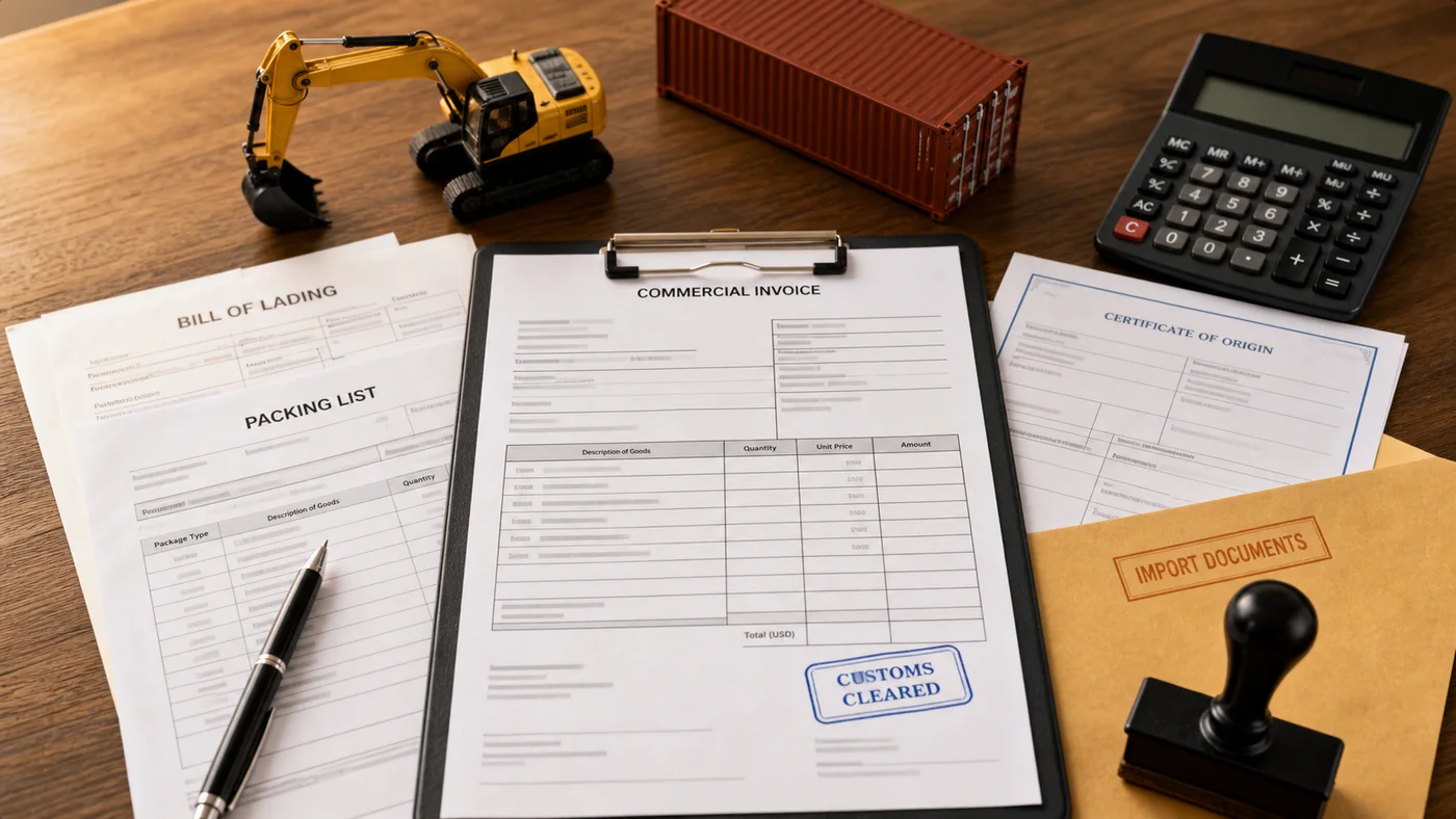 Import document set for a used excavator including invoice, packing list, bill of lading, and customs paperwork