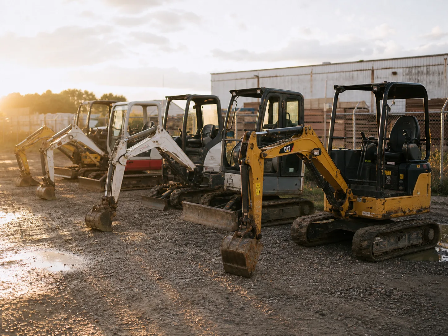 Row of used mini excavators parked in an equipment rental yard