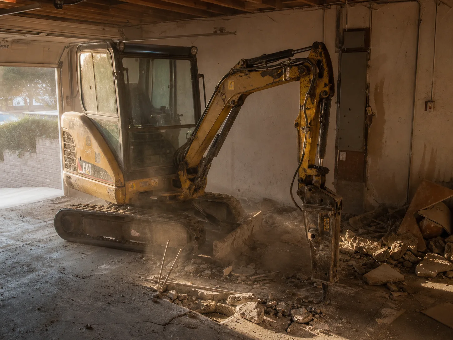 Micro excavator with hydraulic breaker demolishing a garage floor